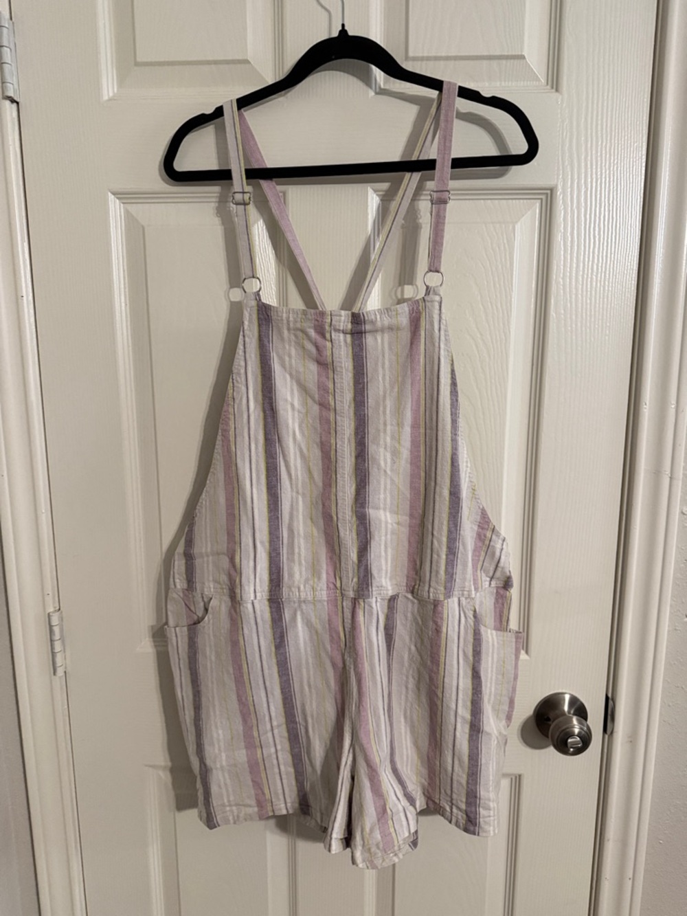 torrid Striped Pastel Short Overalls in Lilac, White & Yellow